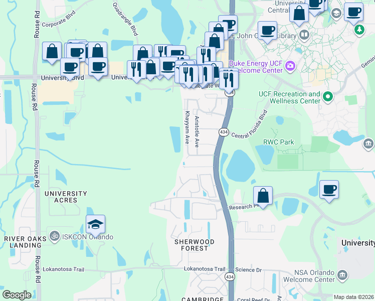 map of restaurants, bars, coffee shops, grocery stores, and more near 11600 Mendel Drive in Orlando