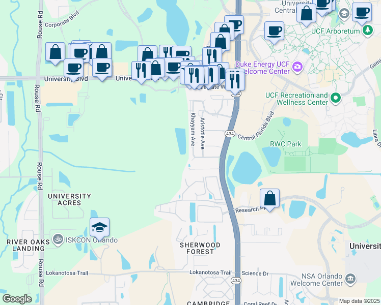 map of restaurants, bars, coffee shops, grocery stores, and more near 11600 Mendel Drive in Orlando
