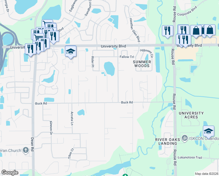 map of restaurants, bars, coffee shops, grocery stores, and more near 3101 Rider Place in Orlando