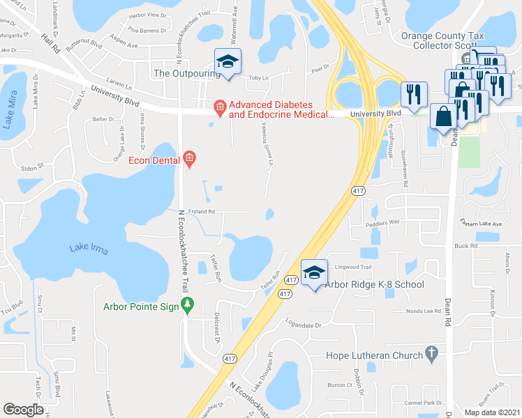 map of restaurants, bars, coffee shops, grocery stores, and more near 3711 Valencia Grove Lane in Orlando