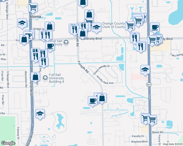 map of restaurants, bars, coffee shops, grocery stores, and more near 3305 Royal Street in Winter Park