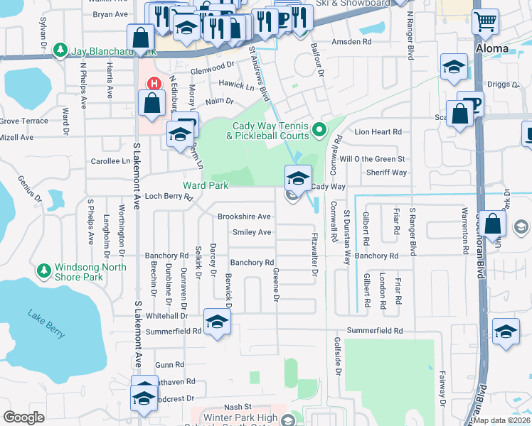 map of restaurants, bars, coffee shops, grocery stores, and more near 2408 Brookshire Avenue in Winter Park