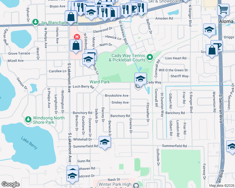 map of restaurants, bars, coffee shops, grocery stores, and more near 2315 Smiley Avenue in Winter Park