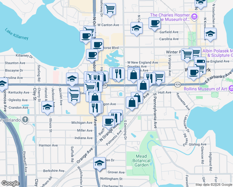 map of restaurants, bars, coffee shops, grocery stores, and more near 930 South Kentucky Avenue in Winter Park