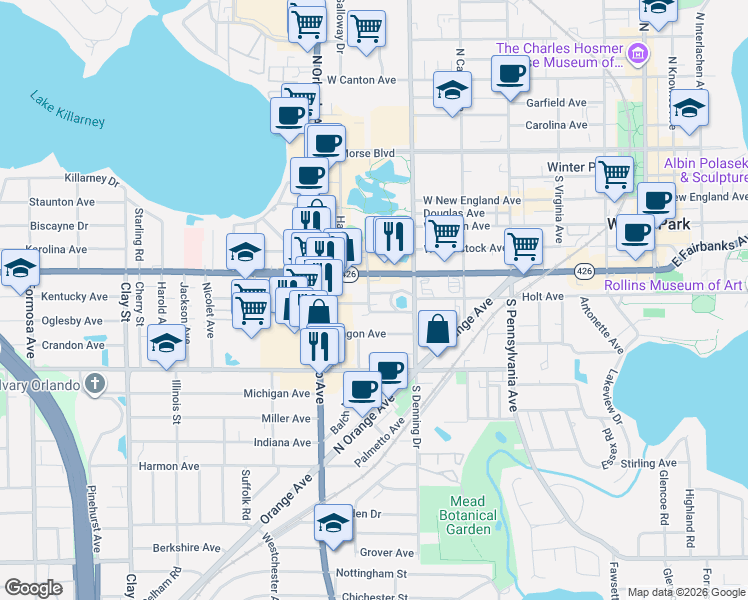 map of restaurants, bars, coffee shops, grocery stores, and more near 1044 South Kentucky Avenue in Winter Park