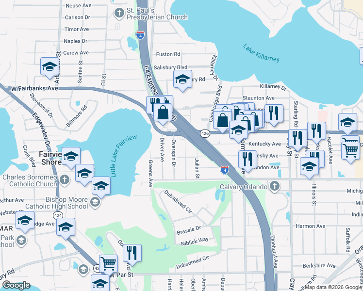 map of restaurants, bars, coffee shops, grocery stores, and more near 711 Baffie Avenue in Winter Park
