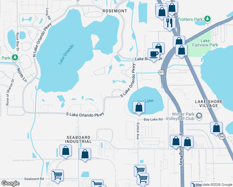 map of restaurants, bars, coffee shops, grocery stores, and more near 3882 South Lake Orlando Parkway in Orlando