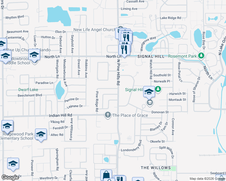 map of restaurants, bars, coffee shops, grocery stores, and more near 5200 Van Aken Drive in Orlando