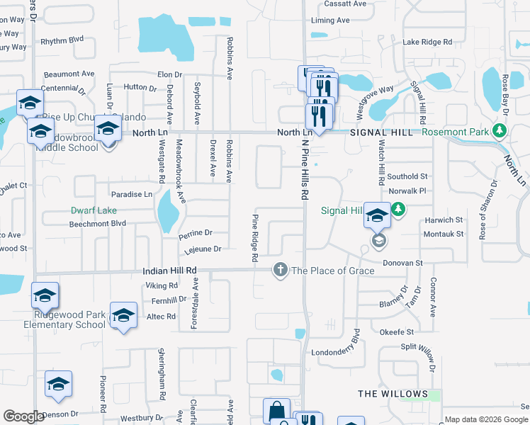 map of restaurants, bars, coffee shops, grocery stores, and more near 3822 Pine Ridge Road in Orlando