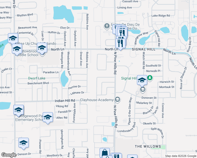 map of restaurants, bars, coffee shops, grocery stores, and more near 3822 Pine Ridge Road in Orlando