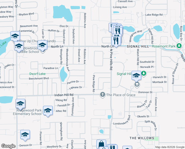 map of restaurants, bars, coffee shops, grocery stores, and more near 3822 Pine Ridge Road in Orlando