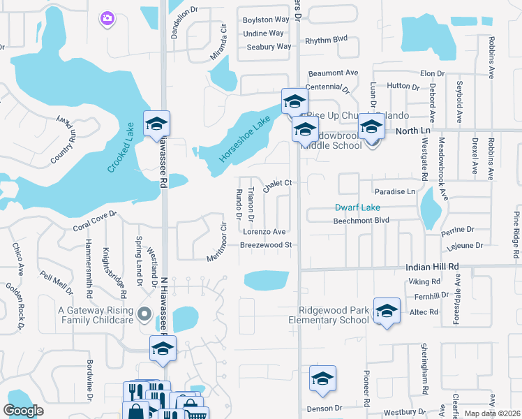 map of restaurants, bars, coffee shops, grocery stores, and more near 3654 Baronette Drive in Orlando