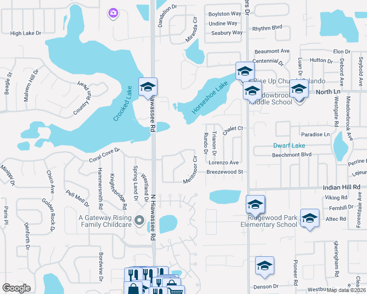 map of restaurants, bars, coffee shops, grocery stores, and more near 6574 Meritmoor Circle in Orlando