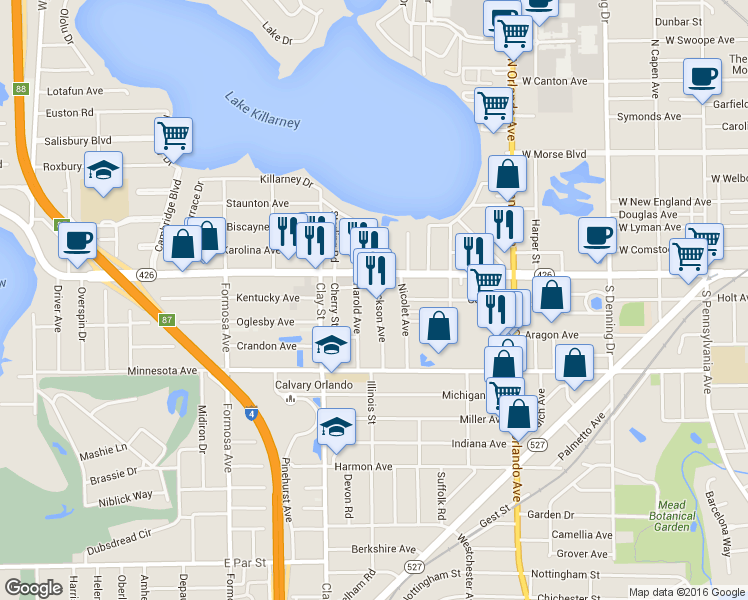 map of restaurants, bars, coffee shops, grocery stores, and more near 663 Jackson Avenue in Winter Park