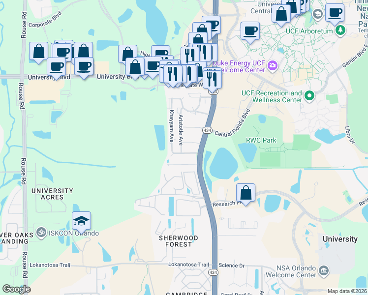 map of restaurants, bars, coffee shops, grocery stores, and more near 3541 Aristotle Avenue in Orlando