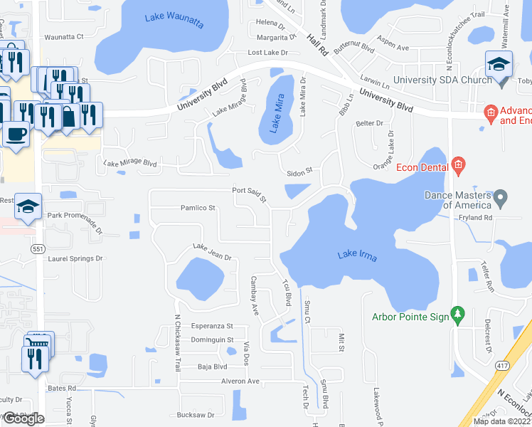 map of restaurants, bars, coffee shops, grocery stores, and more near 3718 Tcu Boulevard in Orlando