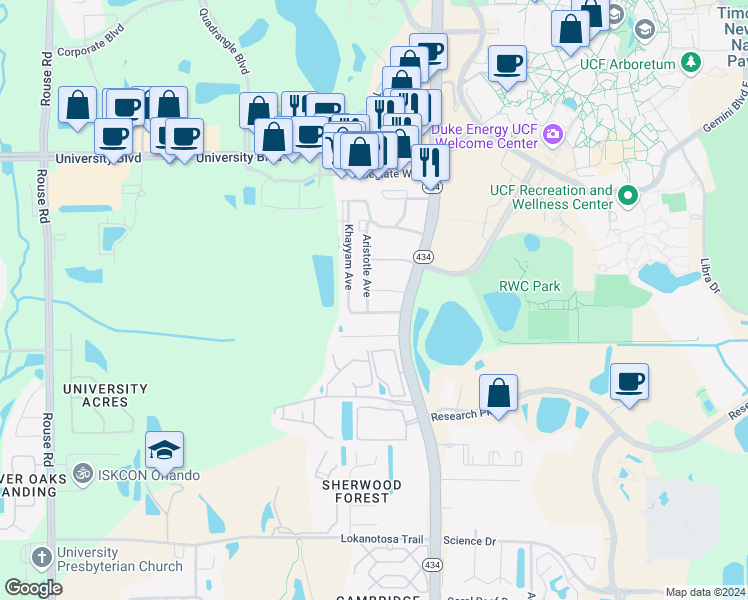 map of restaurants, bars, coffee shops, grocery stores, and more near 12112 Mendel Drive in Orlando