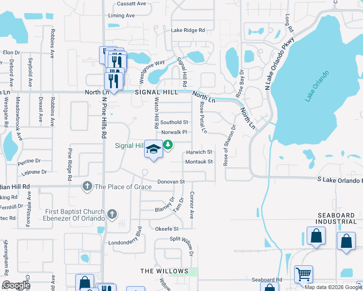 map of restaurants, bars, coffee shops, grocery stores, and more near 4710 Harwich Street in Orlando