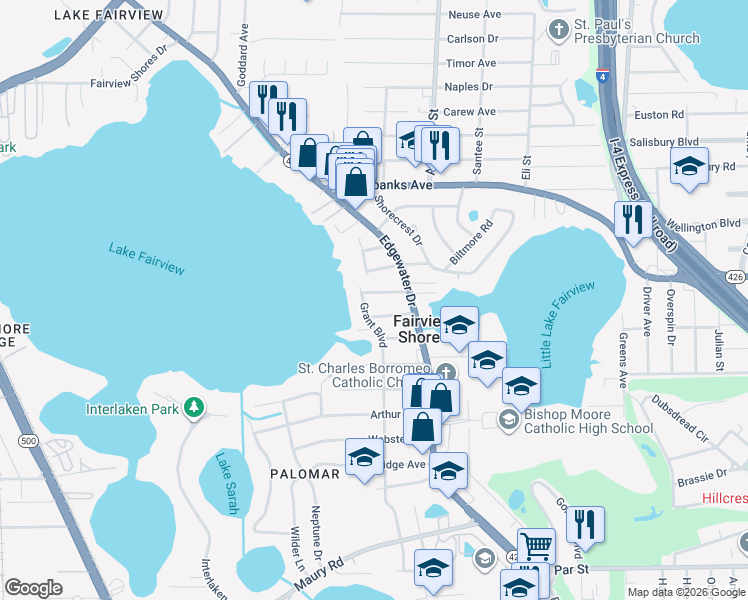 map of restaurants, bars, coffee shops, grocery stores, and more near 1020 South Palm Avenue in Orlando