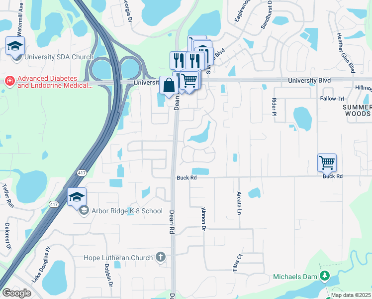 map of restaurants, bars, coffee shops, grocery stores, and more near 10237 Eastern Lake Avenue in Orlando