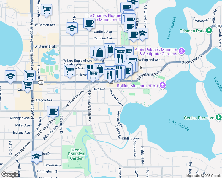 map of restaurants, bars, coffee shops, grocery stores, and more near Holt Avenue in Winter Park