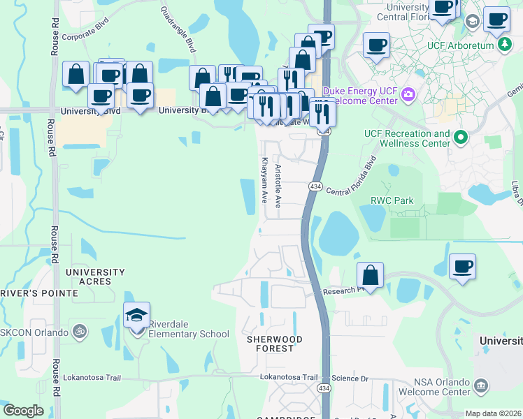 map of restaurants, bars, coffee shops, grocery stores, and more near 3540 Khayyam Avenue in Orlando