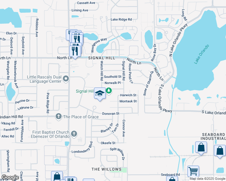 map of restaurants, bars, coffee shops, grocery stores, and more near 4818 Norwalk Place in Orlando