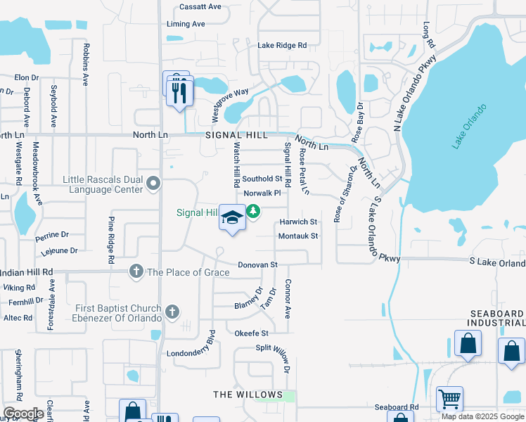 map of restaurants, bars, coffee shops, grocery stores, and more near 4818 Norwalk Place in Orlando