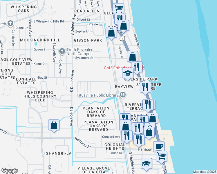 map of restaurants, bars, coffee shops, grocery stores, and more near 437 Mason Drive in Titusville