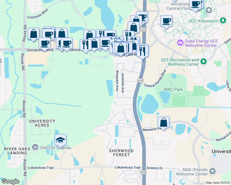 map of restaurants, bars, coffee shops, grocery stores, and more near 3584 Khayyam Avenue in Orlando