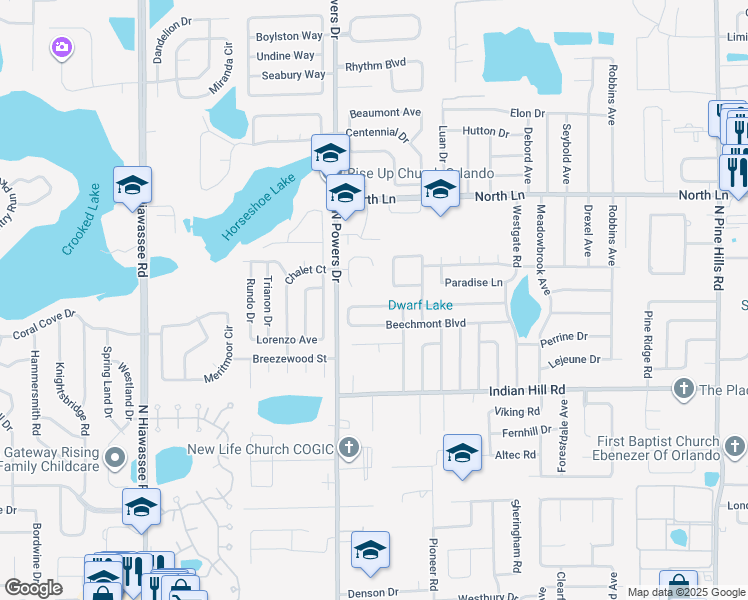 map of restaurants, bars, coffee shops, grocery stores, and more near 3768 Powers Ridge Court in Orlando