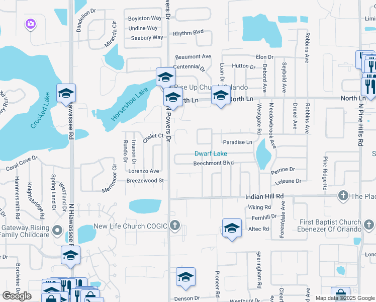 map of restaurants, bars, coffee shops, grocery stores, and more near 3768 Powers Ridge Court in Orlando