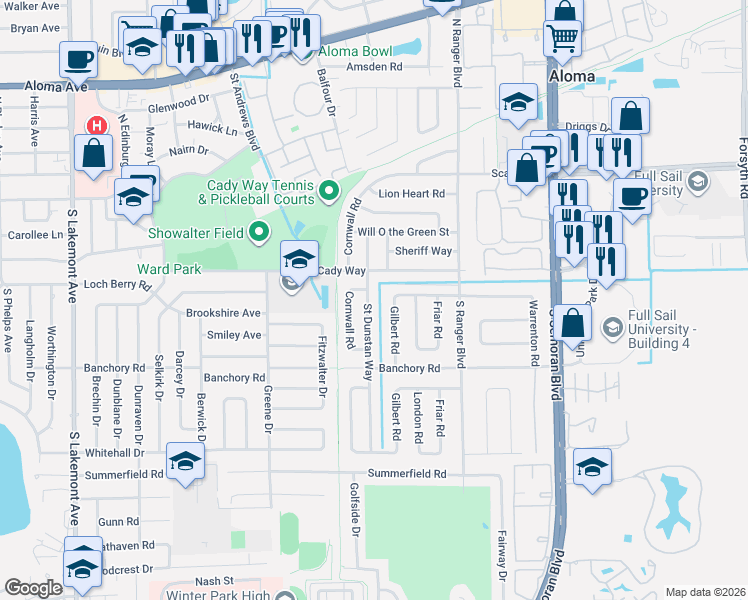 map of restaurants, bars, coffee shops, grocery stores, and more near 376 Saint Dunstan Way in Winter Park