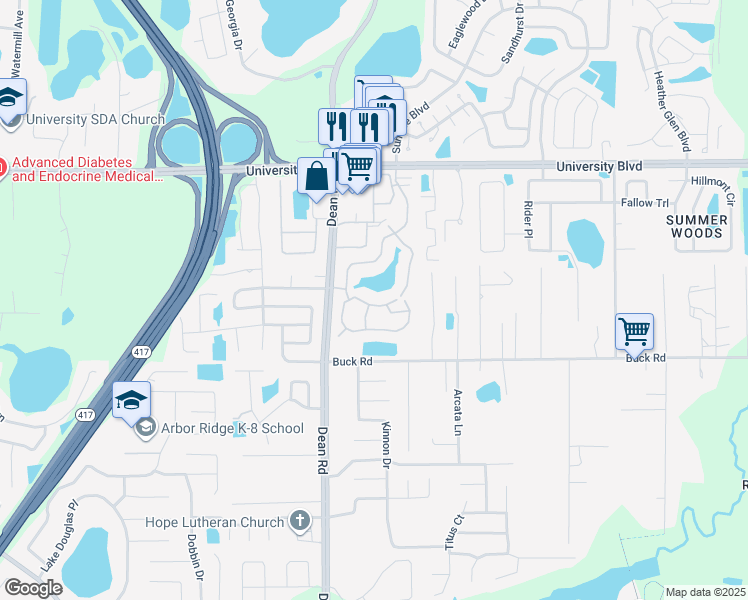 map of restaurants, bars, coffee shops, grocery stores, and more near 10220 Eastern Lake Avenue in Orlando