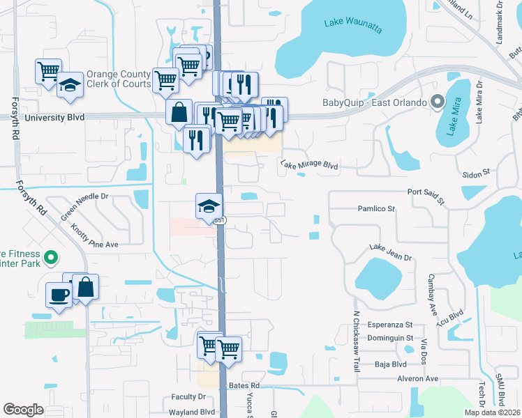 map of restaurants, bars, coffee shops, grocery stores, and more near 7630 University Garden Drive in Winter Park