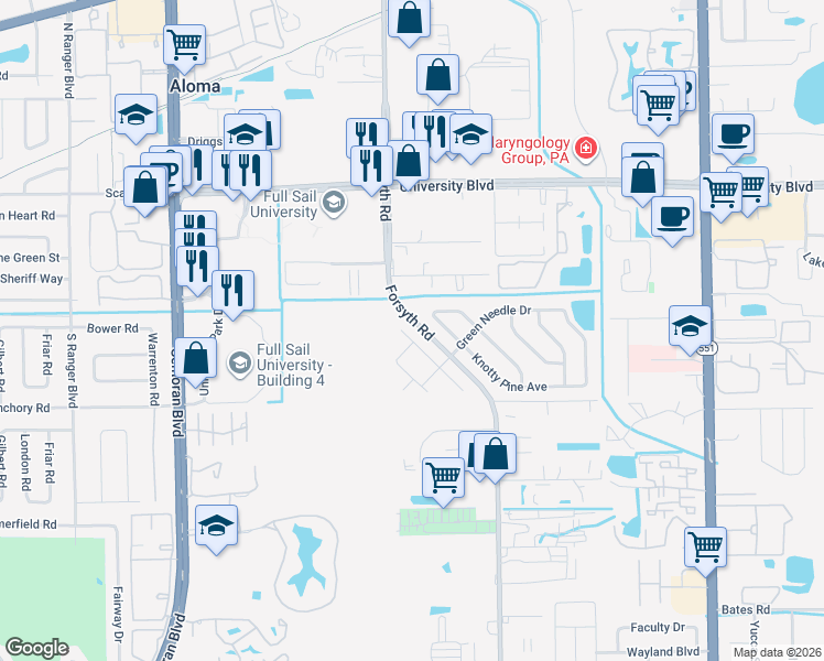 map of restaurants, bars, coffee shops, grocery stores, and more near 3353 Royal Street in Winter Park