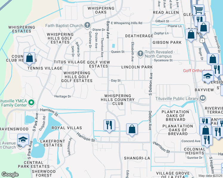 map of restaurants, bars, coffee shops, grocery stores, and more near 1875 Fairlane Drive in Titusville