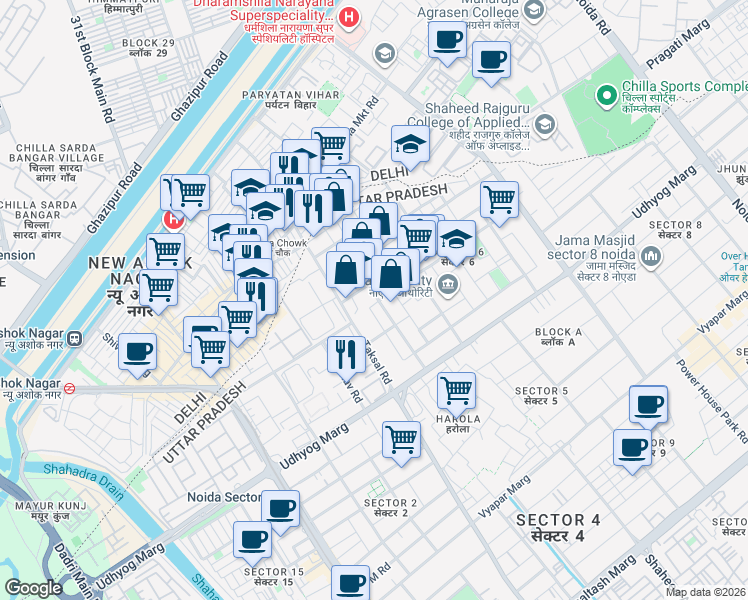 map of restaurants, bars, coffee shops, grocery stores, and more near in Noida