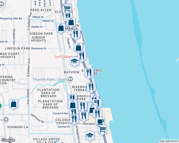 map of restaurants, bars, coffee shops, grocery stores, and more near 1825 Riverside Drive in Titusville