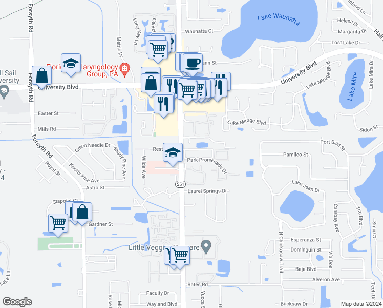 map of restaurants, bars, coffee shops, grocery stores, and more near 7612 University Garden Drive in Winter Park
