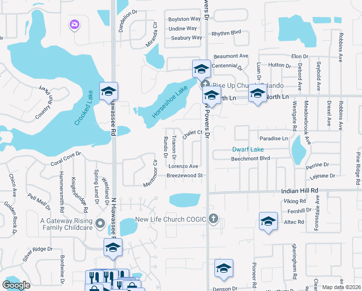 map of restaurants, bars, coffee shops, grocery stores, and more near 6338 Chalet Court in Orlando