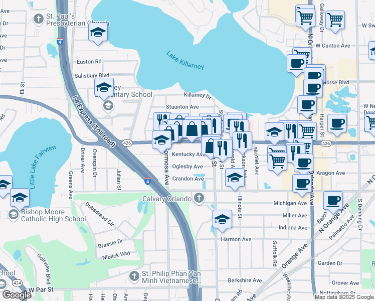map of restaurants, bars, coffee shops, grocery stores, and more near 1888 Florida 426 in Winter Park