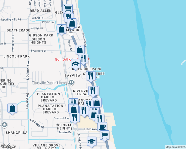 map of restaurants, bars, coffee shops, grocery stores, and more near 1825 Riverside Drive in Titusville