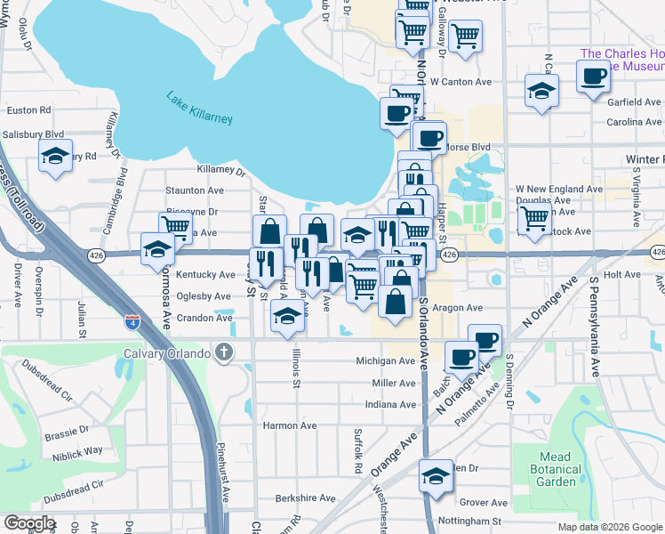 map of restaurants, bars, coffee shops, grocery stores, and more near 1470 West Fairbanks Avenue in Winter Park