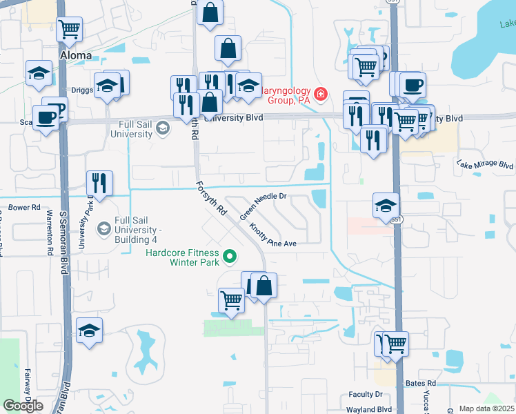 map of restaurants, bars, coffee shops, grocery stores, and more near 7026 Green Needle Drive in Winter Park