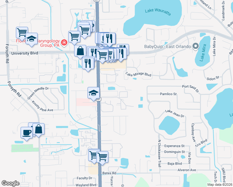 map of restaurants, bars, coffee shops, grocery stores, and more near 3651 North Goldenrod Road in Winter Park