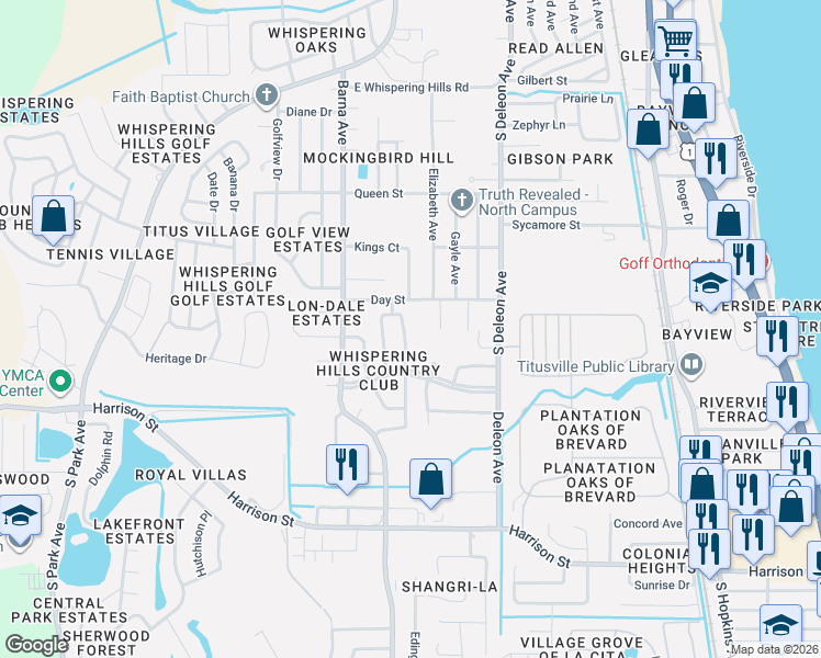 map of restaurants, bars, coffee shops, grocery stores, and more near 1870 White Sands Drive in Titusville