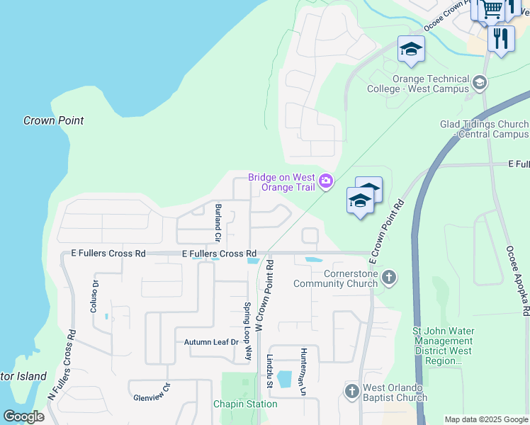 map of restaurants, bars, coffee shops, grocery stores, and more near 1072 Woodson Hammock Circle in Winter Garden