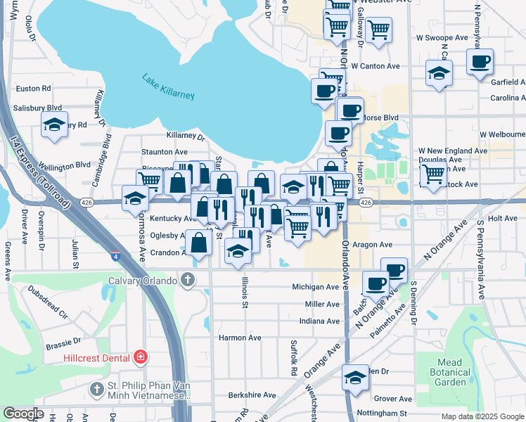 map of restaurants, bars, coffee shops, grocery stores, and more near 1566 Florida 426 in Winter Park