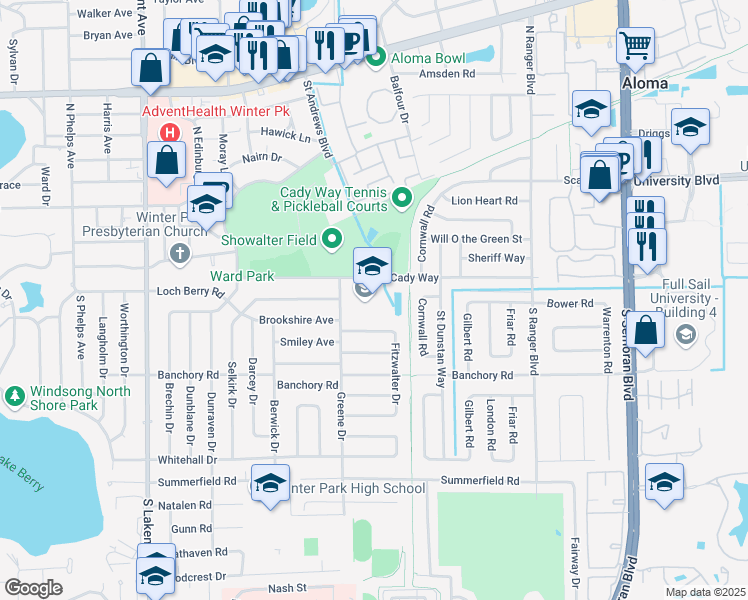 map of restaurants, bars, coffee shops, grocery stores, and more near 400 Greene Drive in Winter Park